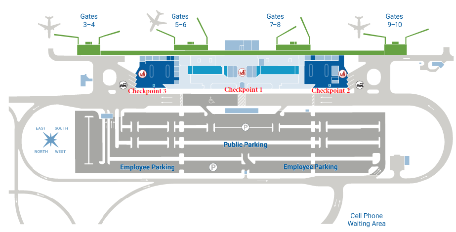 Lihue Airport map image showing checkpoint numbers, from left to right of terminal it is checkpoint 3, checkpoint 1, then checkpoint 2