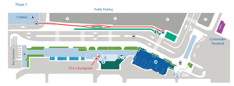 map of floor 1 showing TSA checkpoint